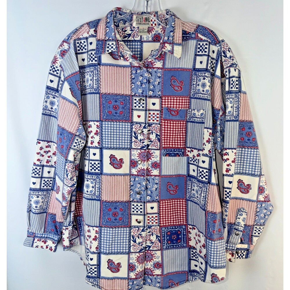 Vintage Steffano XL  Button Womens 3/4 Sleeve Blouse Patchwork Grandma Artsy